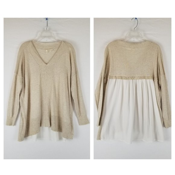 Moth Anthropologie Cream & White Knit Vneck Loose Sweater Chiffon Back sz XS - Picture 1 of 6